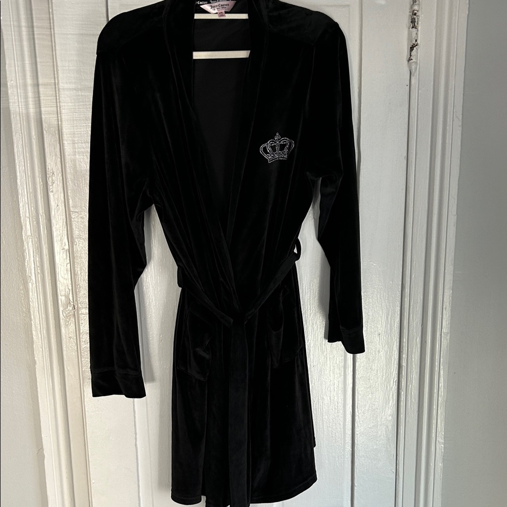Juicy Couture Black Velour Robe with Crown Emblem